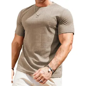 Mens T-Shirt Casual Stretch Solid Crewneck Short Sleeve Tees Textured Shirts Top Streetwear Menswear Tshirt Beige Plain