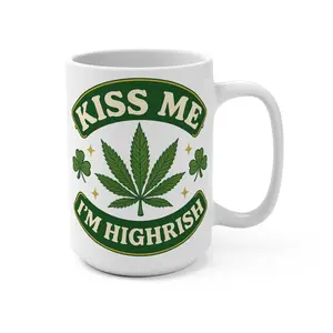Kiss Me I’m Highrish Coffee Mug – Funny 15oz Stoner Cup, Shamrock Weed Leaf Design, Gift for Stoner Friends