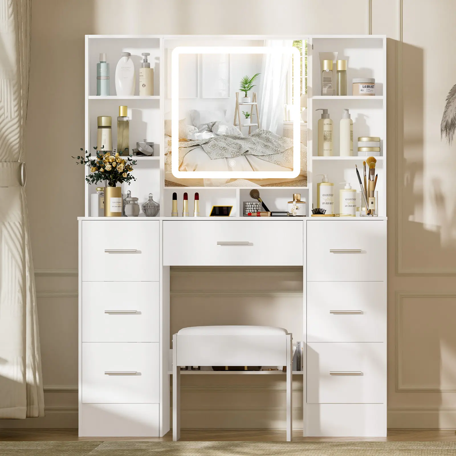 Yamissi Vanity Set Dressing Makeup Desk With LED Light Mirror & Drawers &Shelves