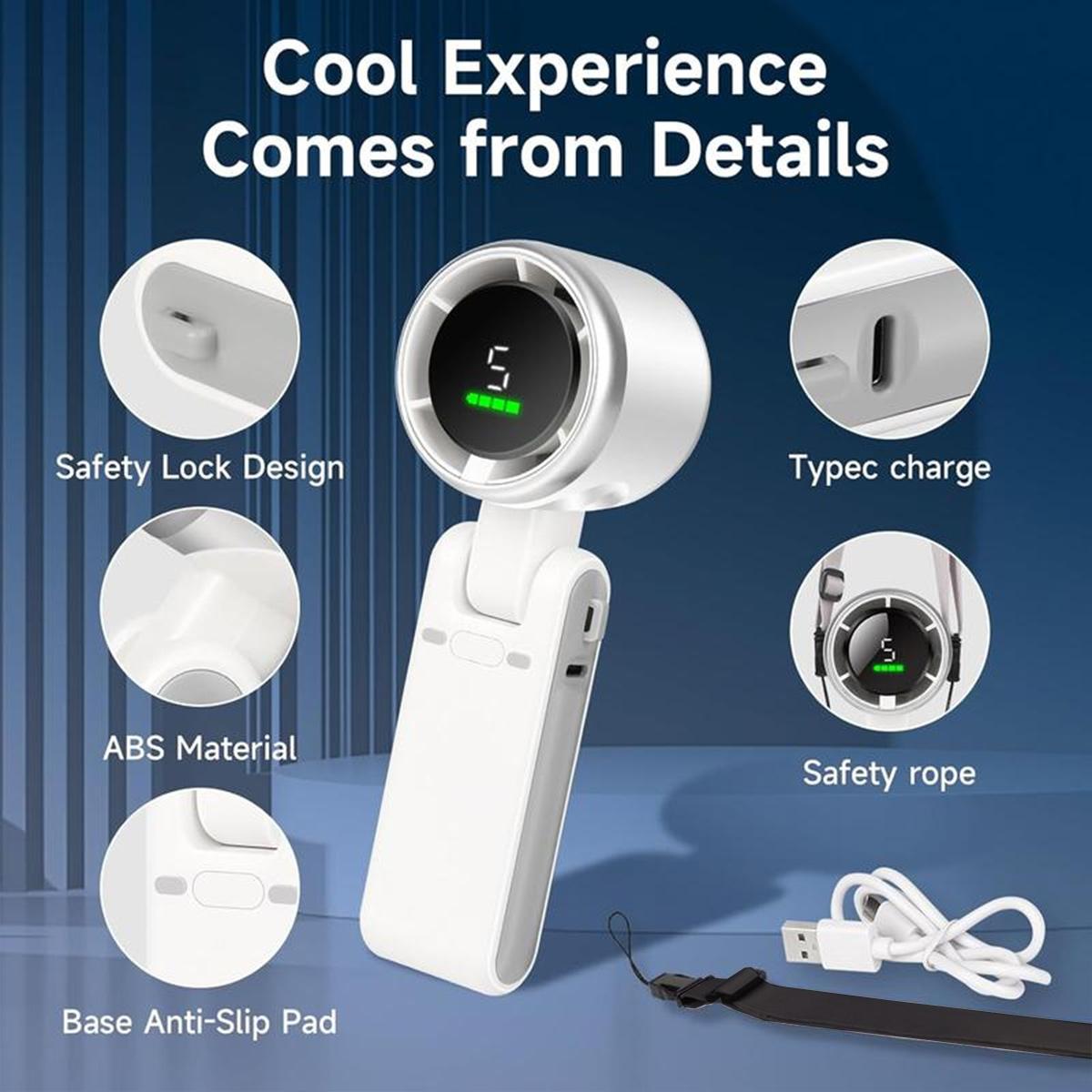 Portable Handheld Mini Turbo Fan USB Rechargeable Pocket Fan With LED Display 3 IN 1 Foldable Personal Cooling Fan for Travel Home Office