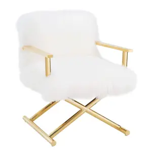 JODI White Sheepskin Chair, Handmade with Gold Frame and High Density Foam Seat Cushion | 26"W x 27.8"D x 32.7"H - Furniture, Indoor Furniture, Chairs