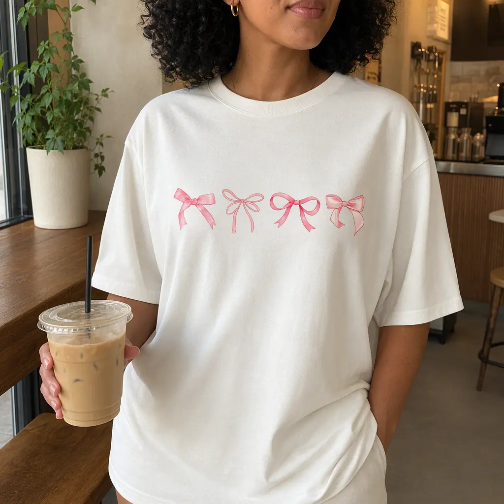 Women's 100% Cotton Casual Round Neck Graphic T-Shirt - Coquette Pink Bows, Feminine Balletcore Ribbon Top, Tshirt