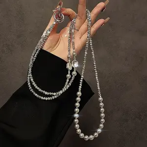 Luxurious Pearl Beaded Diagonal Clip Pendant, Long Neck Strap, Anti-Loss Lanyard, Phone Lanyard, 1 Piece, Elegant Accessory