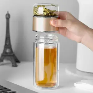Double-Layer Glass Tea Brewing Cup with Strainer -500ml Insulated Tea Art Mug, Creative Water-Separation Design, Perfect for Office, Home & Gift Giving