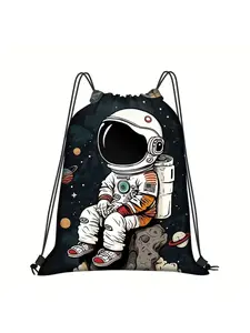1pc Astronaut Drawstring Backpack - Lightweight Polyester Storage Bag with Functional Pockets, Suitable for Fitness, Yoga, and Travel, Softshell Design, Drawstring Closure, Gym Drawstring Bag