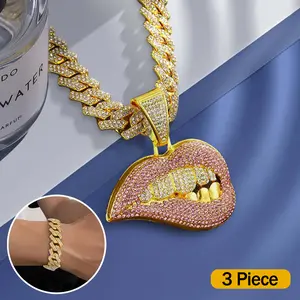 Lips Pendant Necklace with Cuban Bracelet Set - Miami Rapper Style Cuban Chain, Hip Hop Charm Choker Necklace Jewelry Gift for Men and Women Cubanchain Crystal