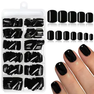 Black Press on Nails Short Fake Nails, 240pcs Black Acrylic Nails Press ons False Nails Short Press on Nails Square Glue on Nail Presson with Adhesive Tab for Women Fingernail Girls