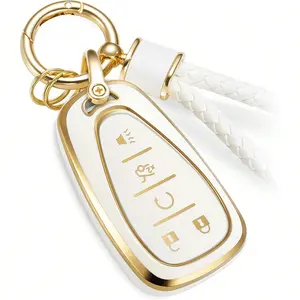 ACEBOY For Chevy Key Fob Cover With Metal Braided Rope Keychain, Upgraded Soft Case For Malibu Equinox Blazer Cruze Camaro Traverse Volt Bolt (5 Buttons) Shell