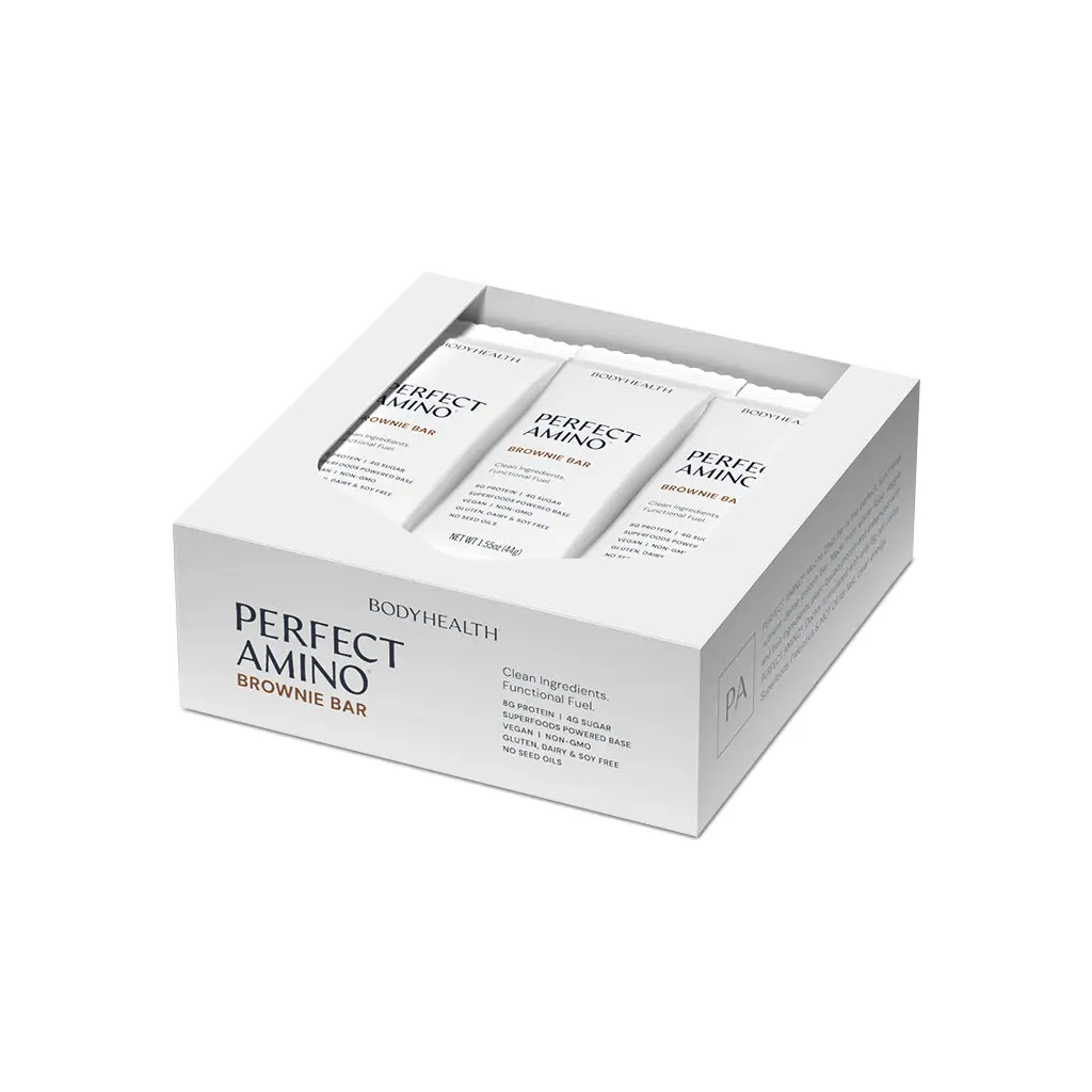 BODYHEALTH Perfect Amino Snack Bars - Blondie, Brownie, Mocha Chip (Chocolate-Infused) - 8g High Quality Protein, MCTs, Gluten Free, Vegan, Non-GMO, 200 Calories, 7 Net Carbs, Energy Boost Healthy Protein Snack