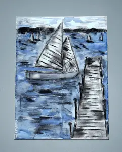 Sailboat Race by Dock Charcoal and Ink Wash Painting on Canvas 11x16