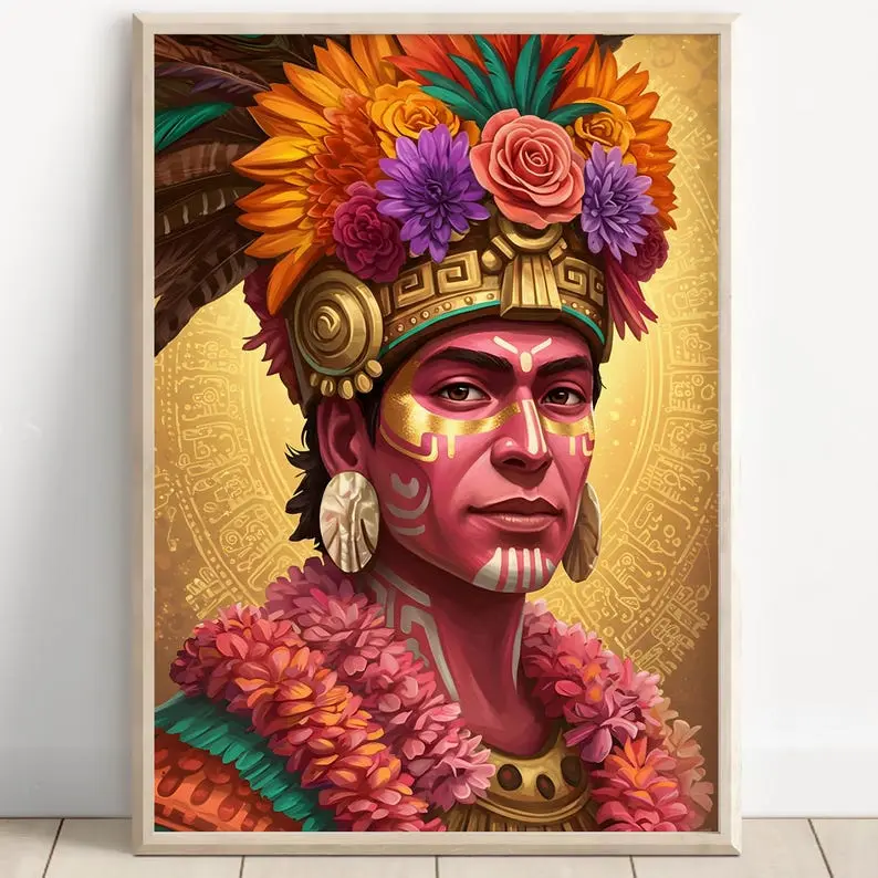 Aztec Wall Art, Xochipilli Art, Aztec God of Art and Music Decor, Aztec Mythology Artwork, Mexican Aztec Art, God of Flowers and Creativity 24x36inch(60x90cm) Unframe Canvas Poster Colorful Gifts Room Decoration Ornaments Artistic Photo Print