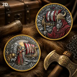 Viking Culture Legend Commemorative & Collectible Vintage Ornament 2D Replica Coin with Nordic Ocean & Maritime Theme Featuring Longship, Battle Flag, Warrior and Wolf Totem Elements Ideal for Festival Gifting, Personal Collection, Scene Display, Play & D