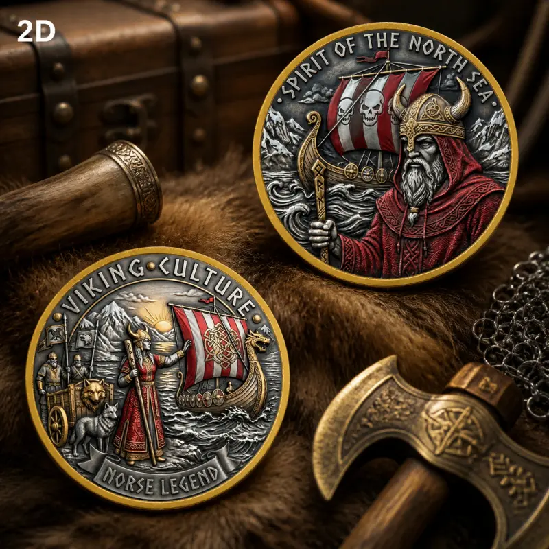 Viking Culture Legend Commemorative & Collectible Vintage Ornament 2D Replica Coin with Nordic Ocean & Maritime Theme Featuring Longship, Battle Flag, Warrior and Wolf Totem Elements Ideal for Festival Gifting, Personal Collection, Scene Display, Play & D