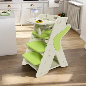 Multi functional Growing Up Dining chair,A high chair suitable for eating and feeding,Adjustable Height Toddler Tower,Use five-point seat belts and a movable large dinner plate(green)