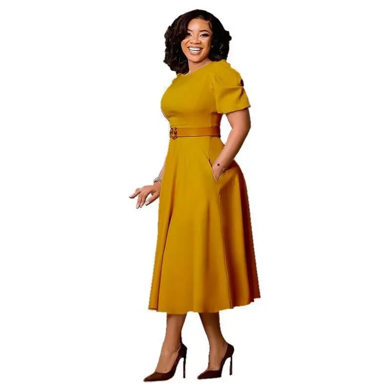 Beautiful women's clothing Elegant Mustard Yellow A-Line Dress with Pockets  - Short Sleeve, Round Neck, Non-