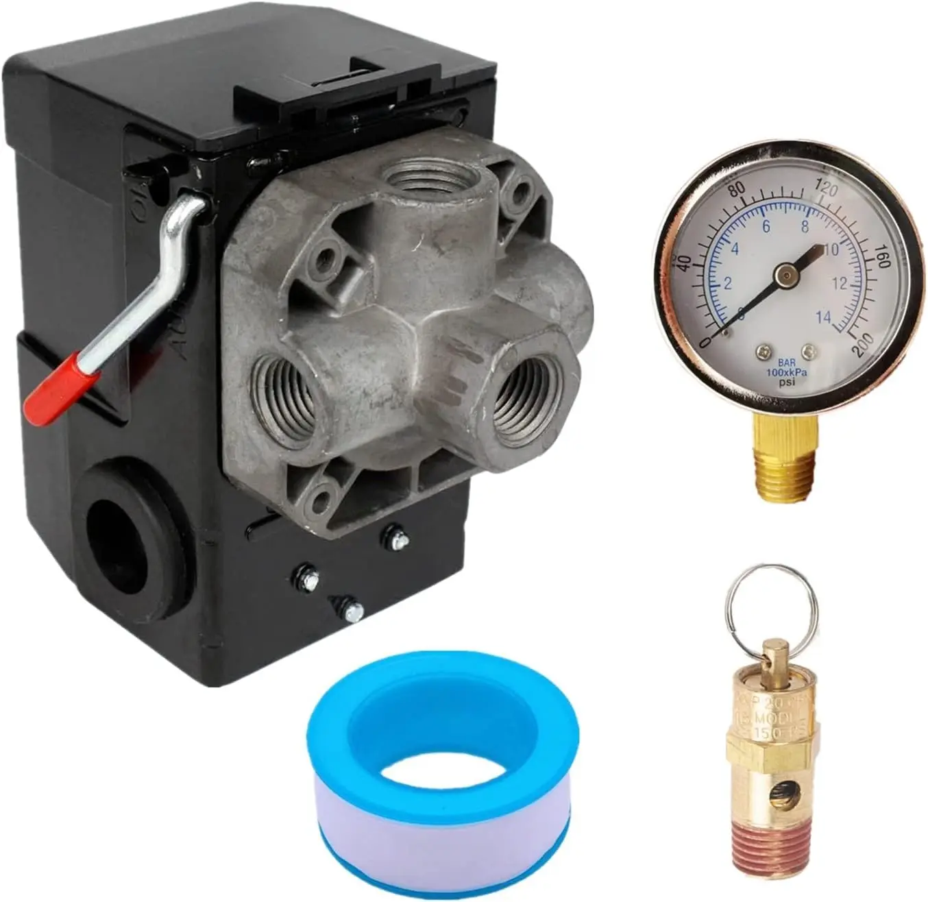 Pressure Switch Air Compressor 145-175 Psi 4 Port 26AMP w/0-200 psi Gauge & 200 psi Pop off valve