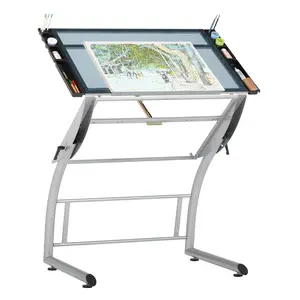 Triflex® Adjustable To Standing Height Craft, Drawing, Drafting Table with 35" Wide Glass Angle Adjustable Top- Silver/Blue 10089