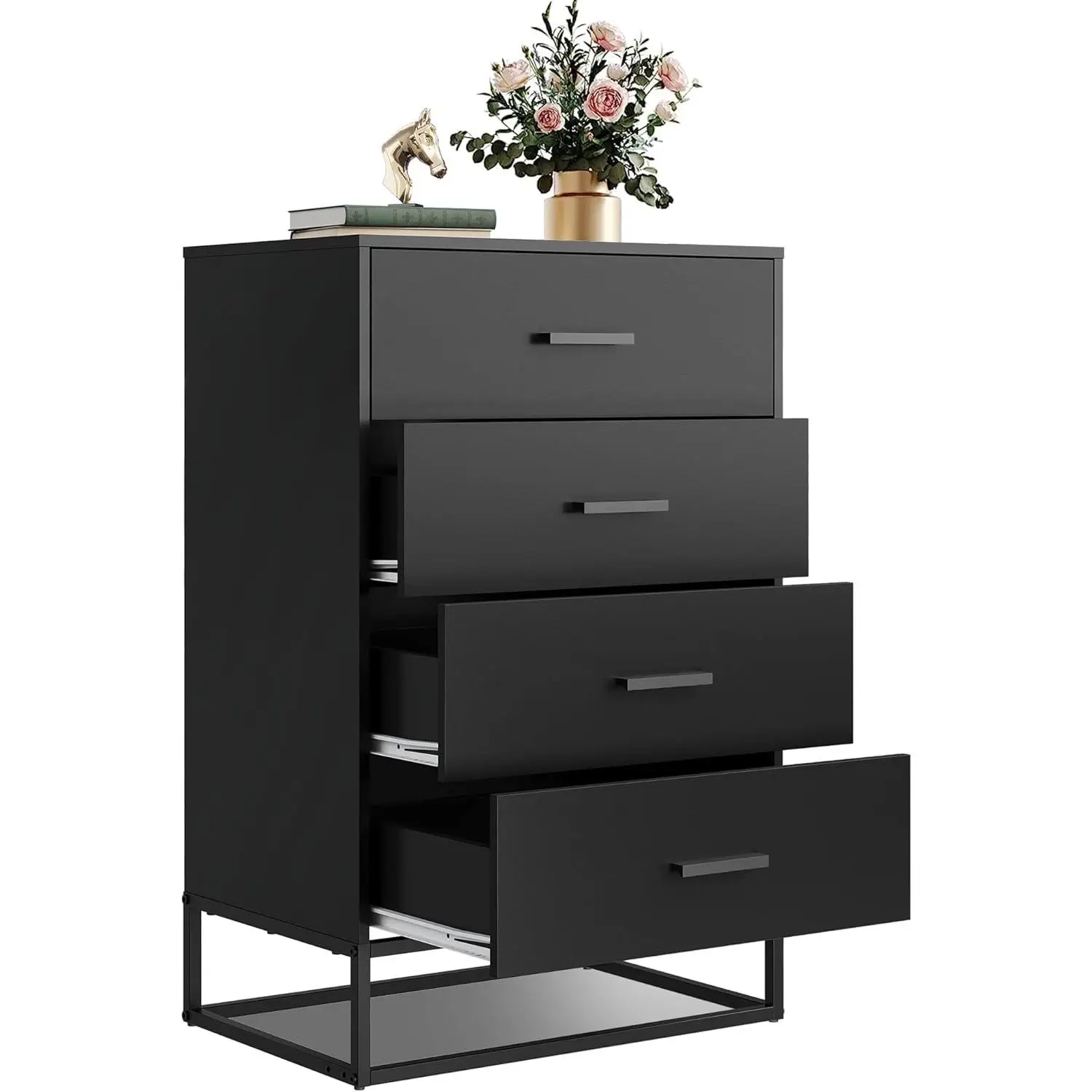 WLIVE Wood Dresser for Bedroom with 4 Drawers, Chest of Drawers, Tall Cabinet with Sturdy Metal Frame for Hallway, Nightstand/Cabinet/Organizer