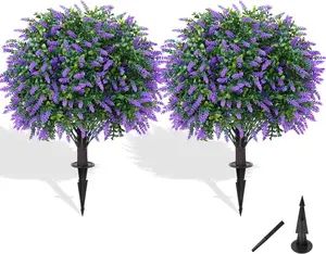 Artificial Boxwood Topiary Ball with Lavender, Set of 2 Artificial Shrub Bushes with Ground Spike, Fake Evergreen Tree for Porch, Artificial Plants for Outdoor Planters Indoor UV Resistant Decor Decorative fake flowers for outdoor lilies flower bouquet