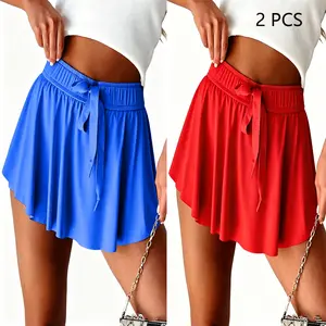 MULLVEIG Women's 2 Pack Drawstring Elastic High Waist Flowy Lined Tennis Skorts Athletic Workout Golf Skirt Set Womenswear Bottom