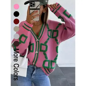 Women’s color-block buttoned casual off-shoulder long-sleeve V-neck cardigan for spring and autumn; women’s autumn knitted dress; women’s everyday essentials