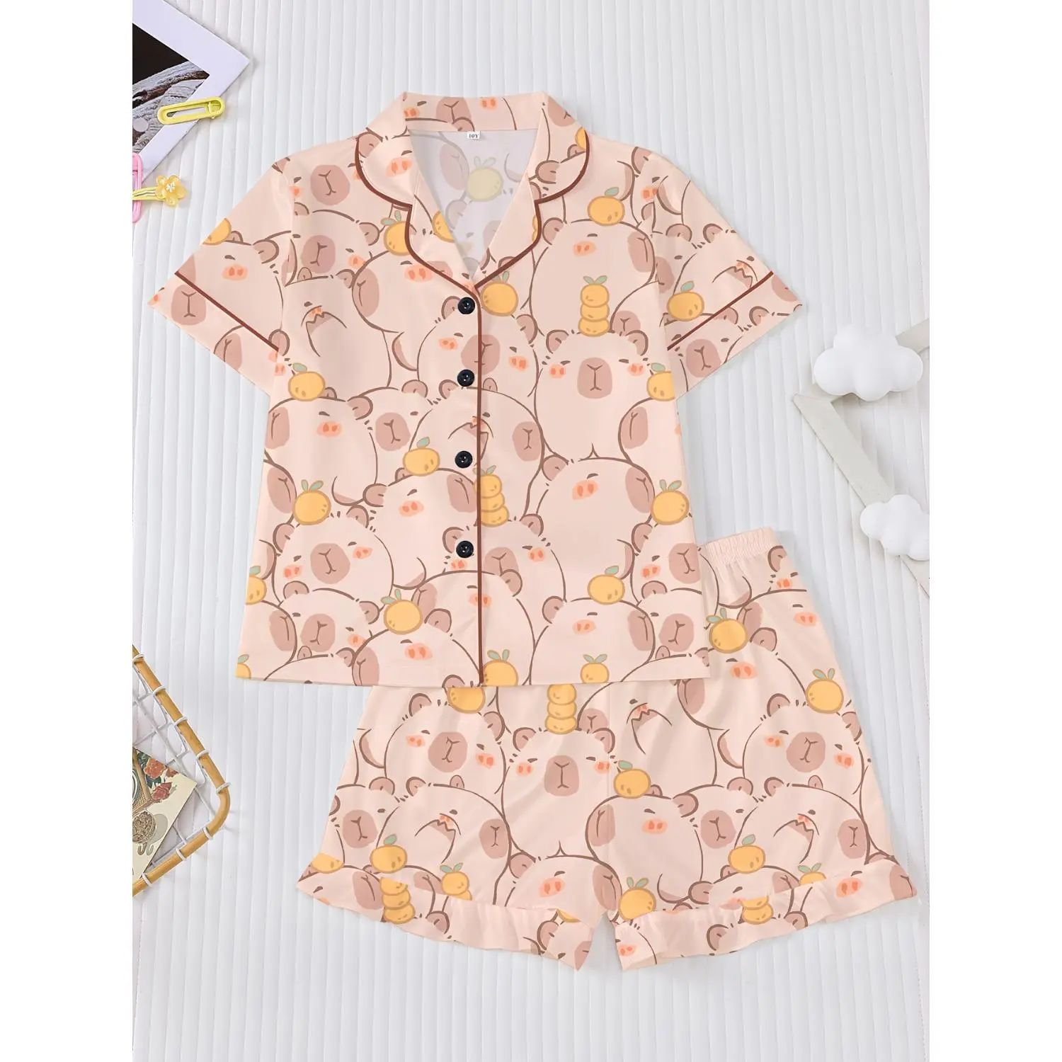 Kapibara Kids' 2-Piece Summer Pajama Set 2026 - Flame Retardant Cartoon Air Conditioning Short Sleeve Outfit for Boys and Girls