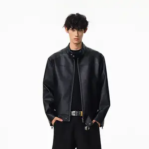 Retro motorcycle leather jacket for men, high-end and stylish bomber jacket with stand-up collar
