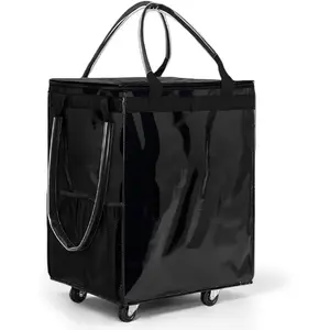 Wheeled Foldable Reusable Shopping Bag (Large, Black) Reusable Grocery Bag on 5 Wheels, Foldable Rolling Tote Carries Up to 76lb Shopping Trolley, Rolling Bag with 3 Handles, Zipper Clouser Rolling Tote Bag with Wheels for Laundry