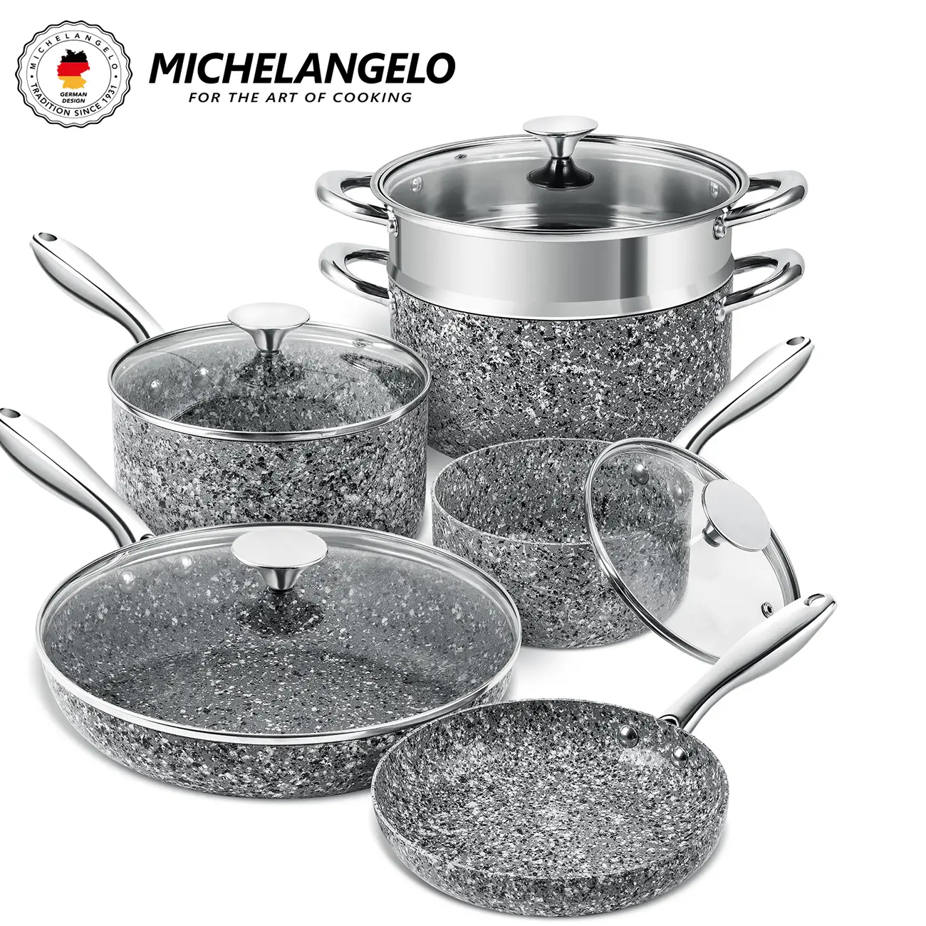 MICHELANGELO 10 Piece Granite Cookware Set, Ultra Nonstick Pots and Pans Set, Induction Compatible