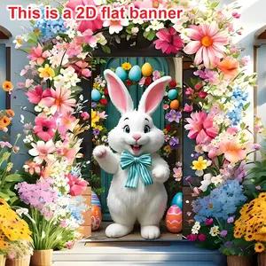 Easter Bunny Wreath Door Banner, Vibrant Easter Decoration, Durable Polyester Material, Spring Farmhouse Front Porch Decor, Party Decorations Banners