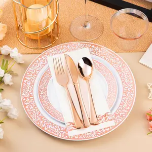 60-Piece Rose Gold Cutlery Set, Elegant Disposable Tableware Includes 12 Lace Plastic Plates, Dessert Plates, Forks, Knives, Spoons