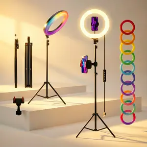 12 Inch RGB Ring Light with 63 Inch Tripod Stand and Dual Phone Holders, Dimmable LED Selfie Light with Multiple Color Modes for Makeup, Video Recording, Live Streaming, Vlogging, YouTube, Perfect for Content Creators and Streamers,– Perfect for Spring