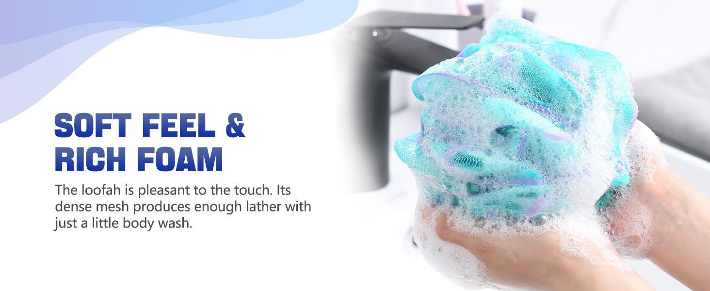 Loofah Sponge 75g/Piece, Exfoliating Bath Sponge Body Scrubber - Loofa Set of 4 Flower Color (Large, Green-Purple)