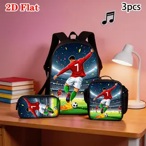 3Pcs Soccer Player#7 Print Backpack Set Durable 600D Oxford Cloth School Bag Insulated Lunch Box & Pencil Case Combo Adjustable Breathable Strap Large Capacity Fits 15in Laptop for Kids Teens School Travel Outdoor Use