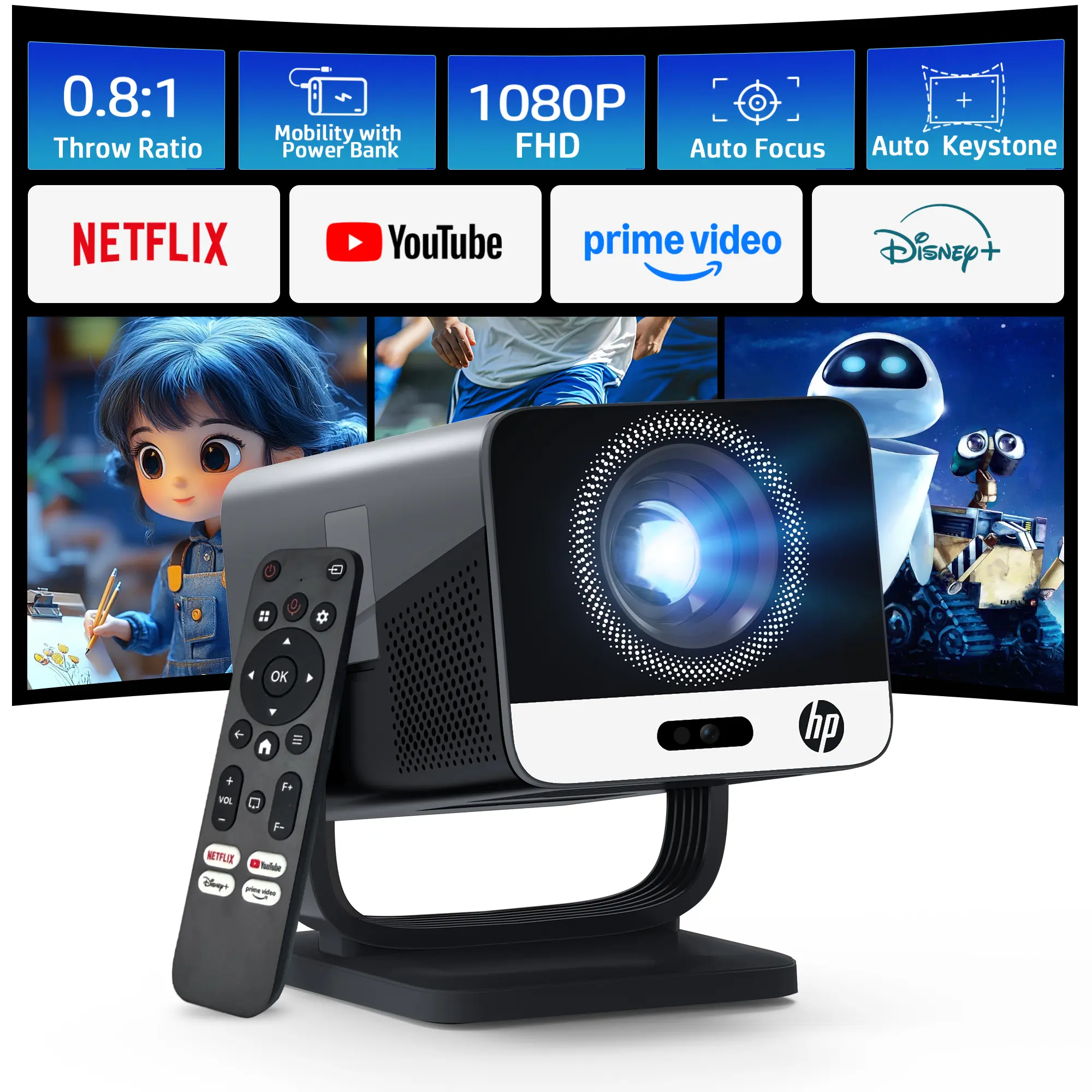 HP MC475 Native 1080P Full HD Short Throw Projector Auto Focus Netflix AI WiFi Bluetooth 100" Home Cinema