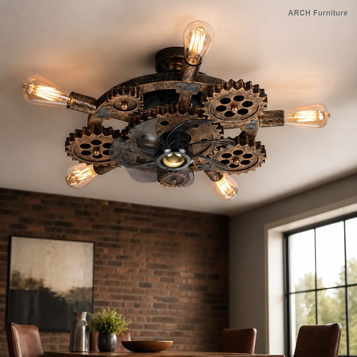 19.6-in Industrial Rustic Farmhouse Iron Cage Ceiling Fan with Decorative Light, 7 Blades, Reversible Motor, Remote Control, for Indoor Dining Room, Living Room (Bulbs Not Included) - Home Decor Lighting Ventilation Fixture