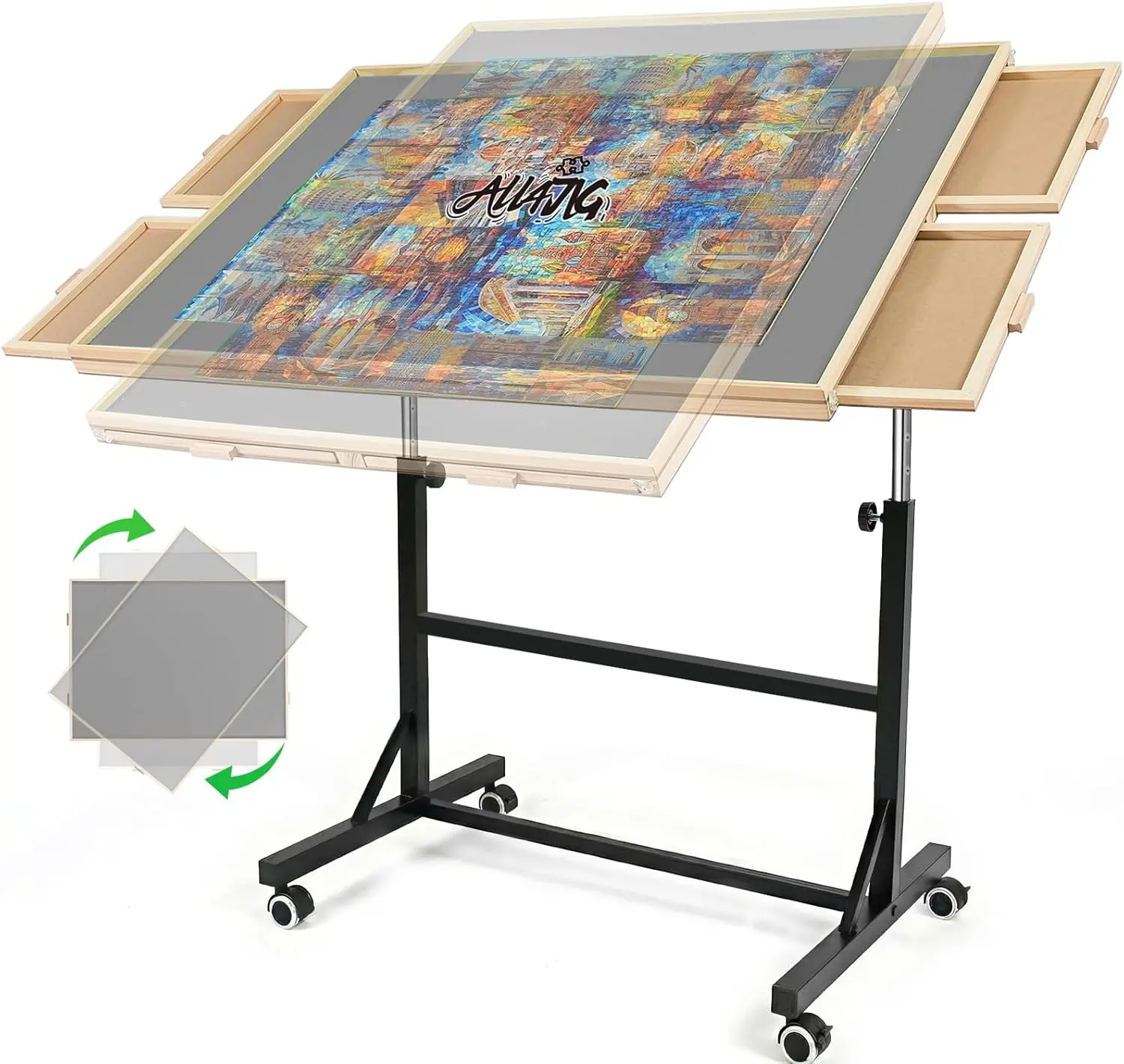 ALL4JIG Puzzle Board for Adults  with 4 Drawers Portable Puzzle Table for 1500/2000 Pieces 360° Rotating Adjustable Angle Height Stable Non-Slip Felt Surface Transparent Cover Practical Storage Drawers
