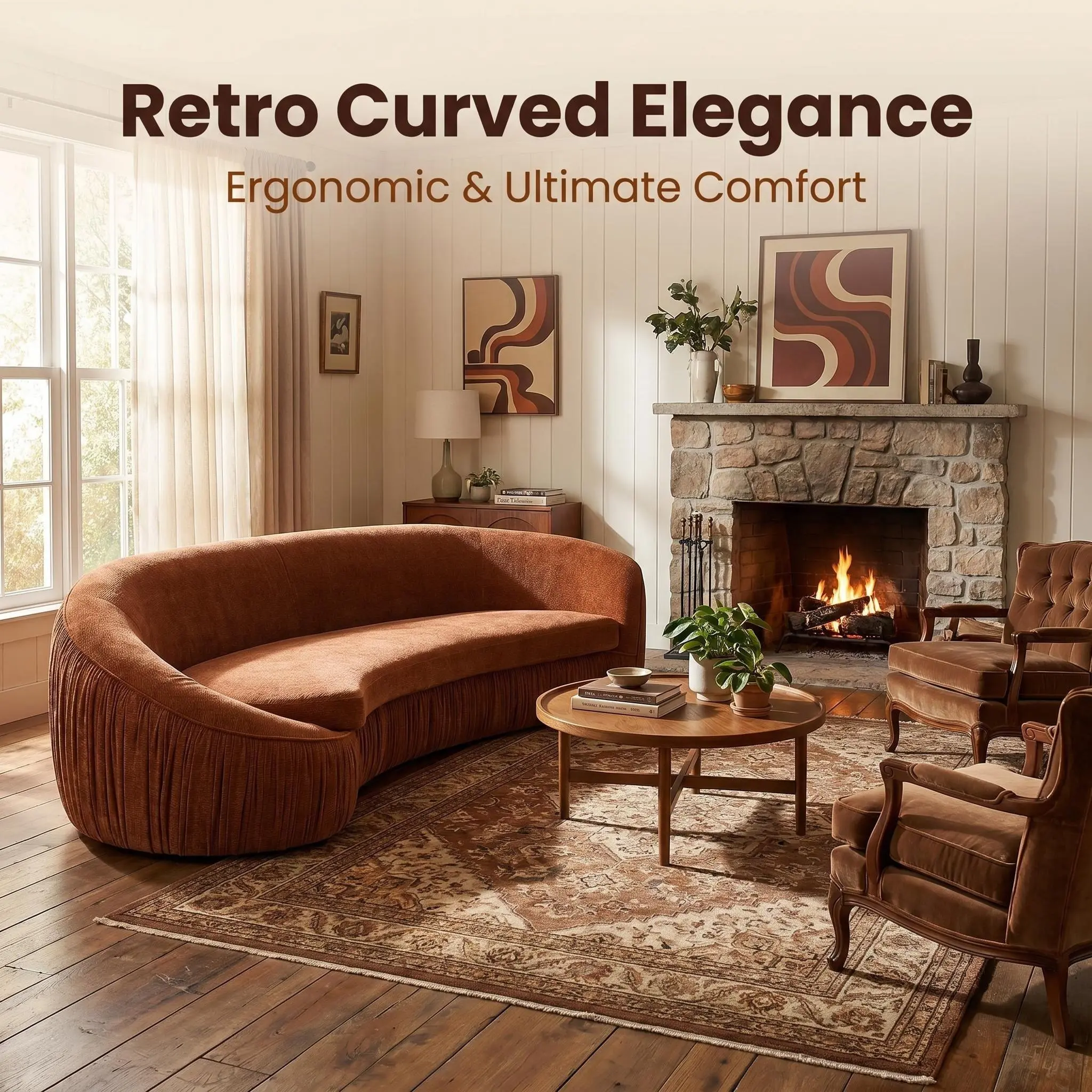 92.13-Inch Modern Curved 4-Seat Upholstered Fabric Couch - Clean Aesthetic Comfy Couch with Pleated Arms, No-Assembly Living Room Furniture, Spring Cushion & Ergonomic Comfort