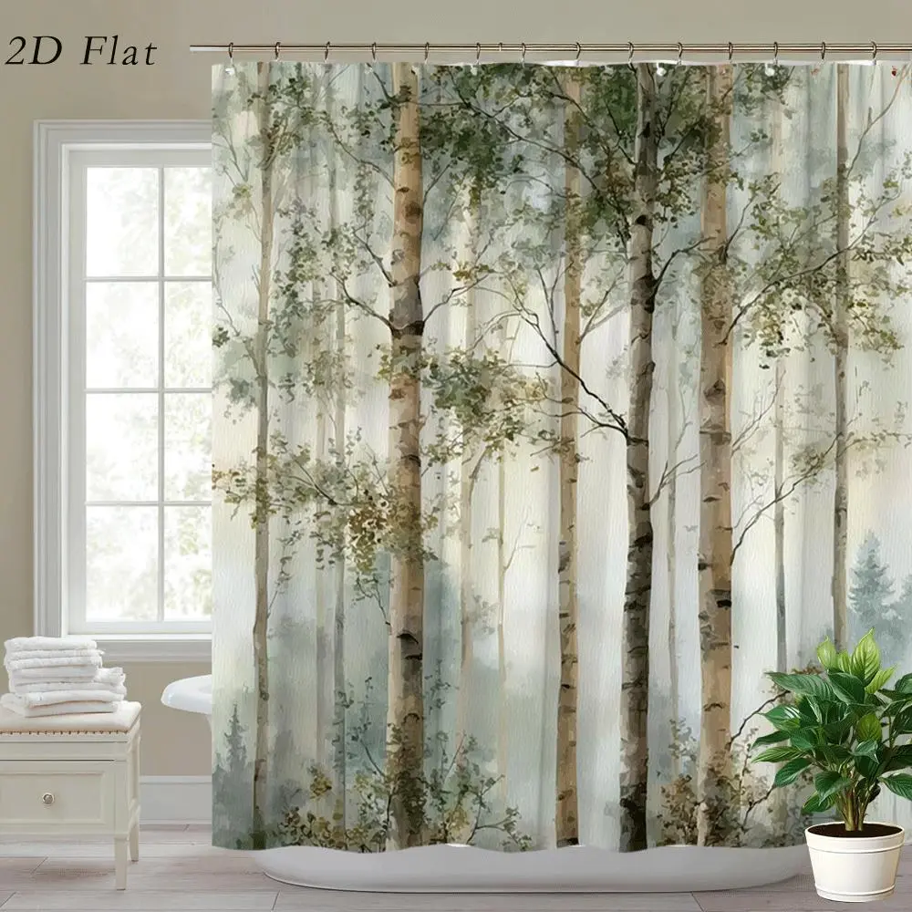 Rustic Forest Birch Tree & Foliage Shower Curtain - 72x72 in Polyester Gift, Plastic Hooks Included, Machine Washable, Floor Stays Dry, Ideal for Modern/Cabin Bathroom Aesthetic & Serenity