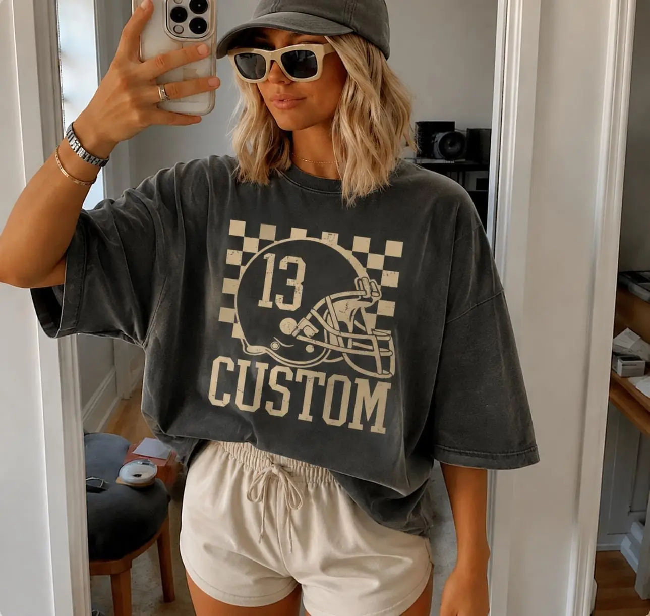 Custom Checkered Football Name And Number T-shirt, Personalized Football Player Shirt, Football Mom Tee, Game Day Season Shirt