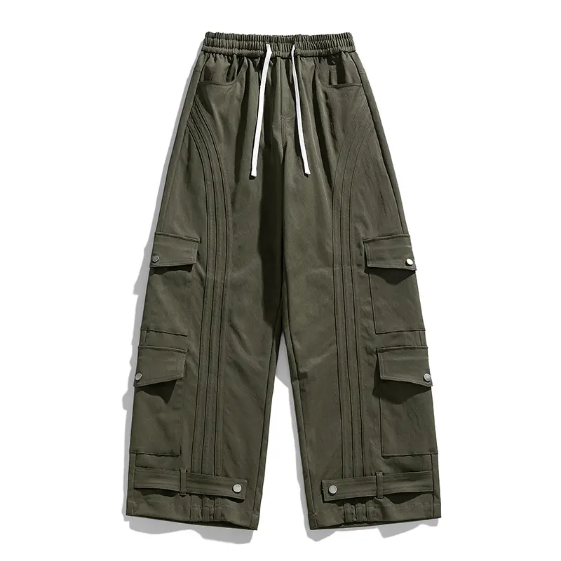 Men's curved multi needle wide leg work pants, double button flip up work pants with elastic cuffs, white drawstring waist, lightweight Y2K skateboard Gorpcore practical pants, men's multi pocket work pants, outdoor casual loose straight leg pants