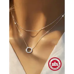 925 Sterling Silver Simple Double Layer Ring Design Necklace, Pendant Necklace, Fashion Jewelry for Party, Daily Clothing Decor, Trendy All-match & Exquisite Jewelry for Gift