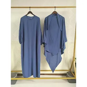 Muslim Plus Size Women's Solid Color Fashion Bat Sleeve Ramadan Abaya Dress Set, Two Piece Set