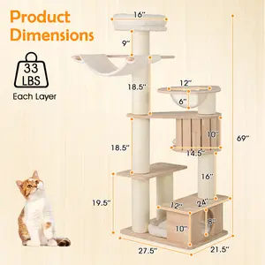 COSTWAY - 69 Inches Tall Cat Tree with Cozy Top Perch and Washable Plush Cushions