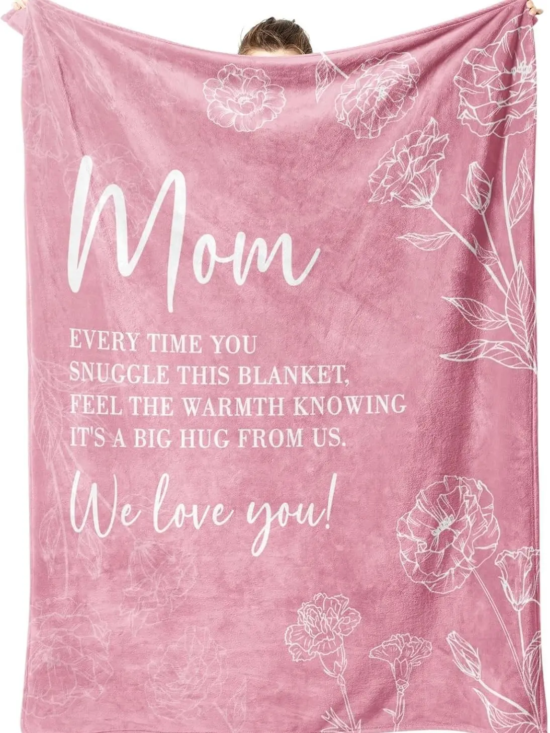 Dusty Pink Carnation Line Art Mom Quote Fleece Blanket Sentimental Hug From Kids Message Throw Ultra Soft Flannel Bedding Mother’s Day Long Distance Keepsake Gift For Mom
