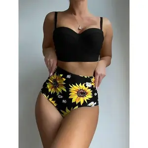 Sunflower Print Black High-Waisted 2-Piece Bikini, Elastic Spaghetti Strap Fashion Swimsuit, Women's Swimwear and Clothing