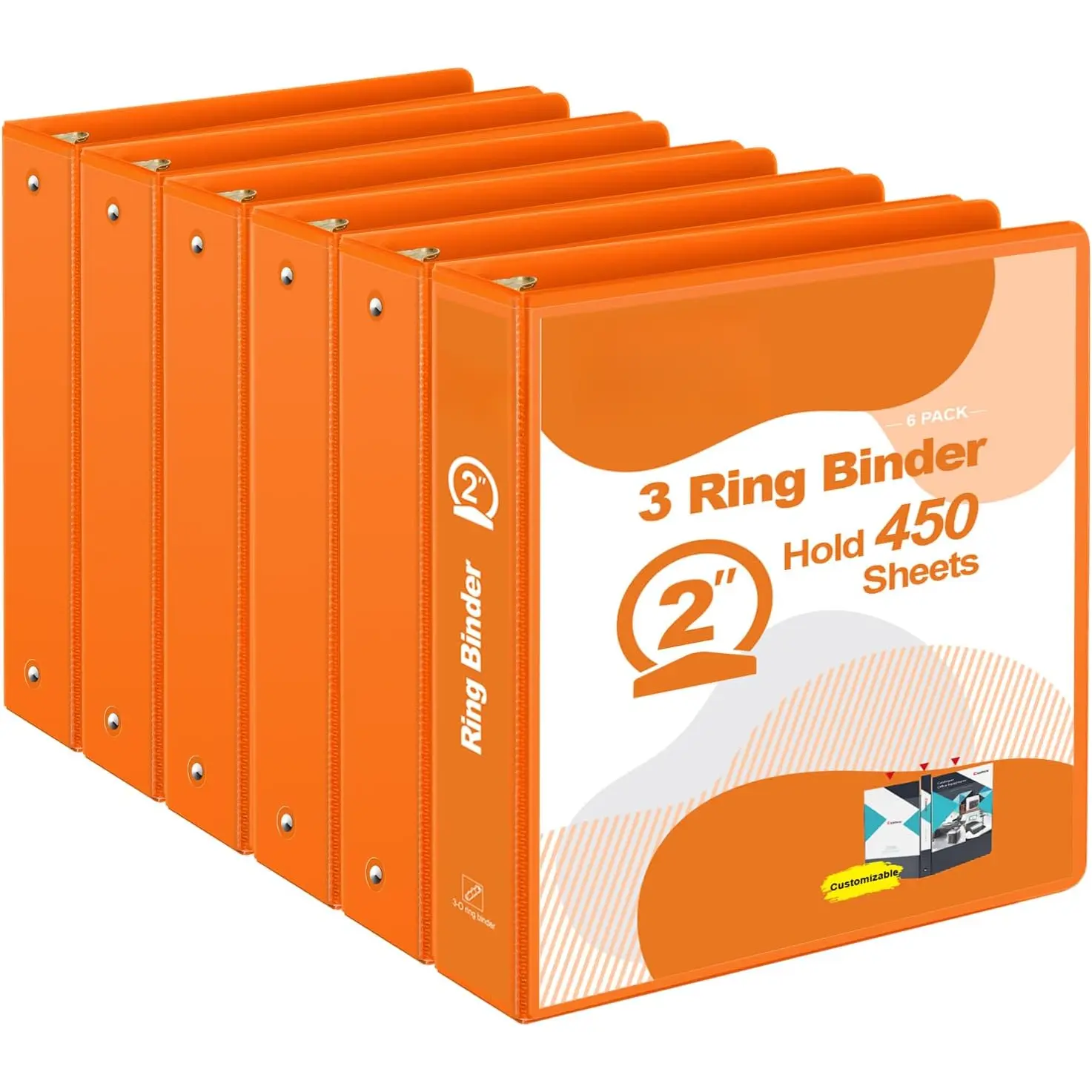 2 Inch Round Ring View Binder for Durability, Standard 3 Ring Binder for 450 Sheets of  Letter Size Paper, PVC-Free, 6-Pack (Orange)