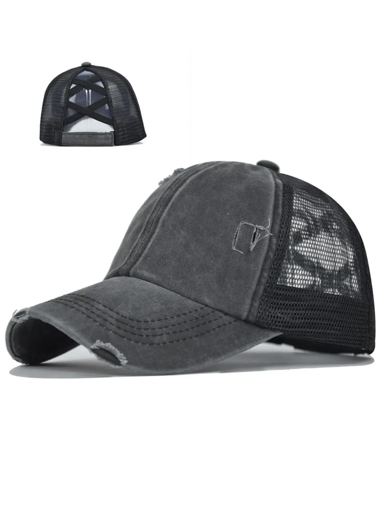 〽️Women Distresed Gray Black High Ponytail Baseball Cap Trucker Bad Hair Day Eohak Distressed Ponytail Hats Baseball for Women Messy-Bun  main image 3