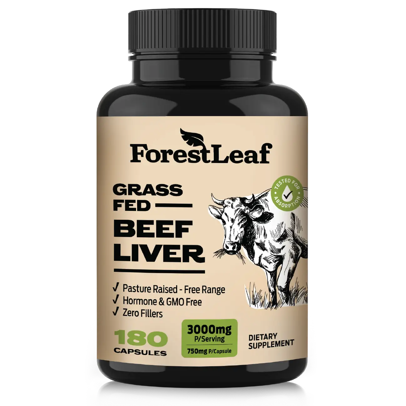 ForestLeaf Grass Fed Beef Liver Capsules, 3000mg Per Serving, Natural Heme Iron, Vitamin A, B12, CoQ10, Freeze Dried-High Absorption Formula-180 Caps