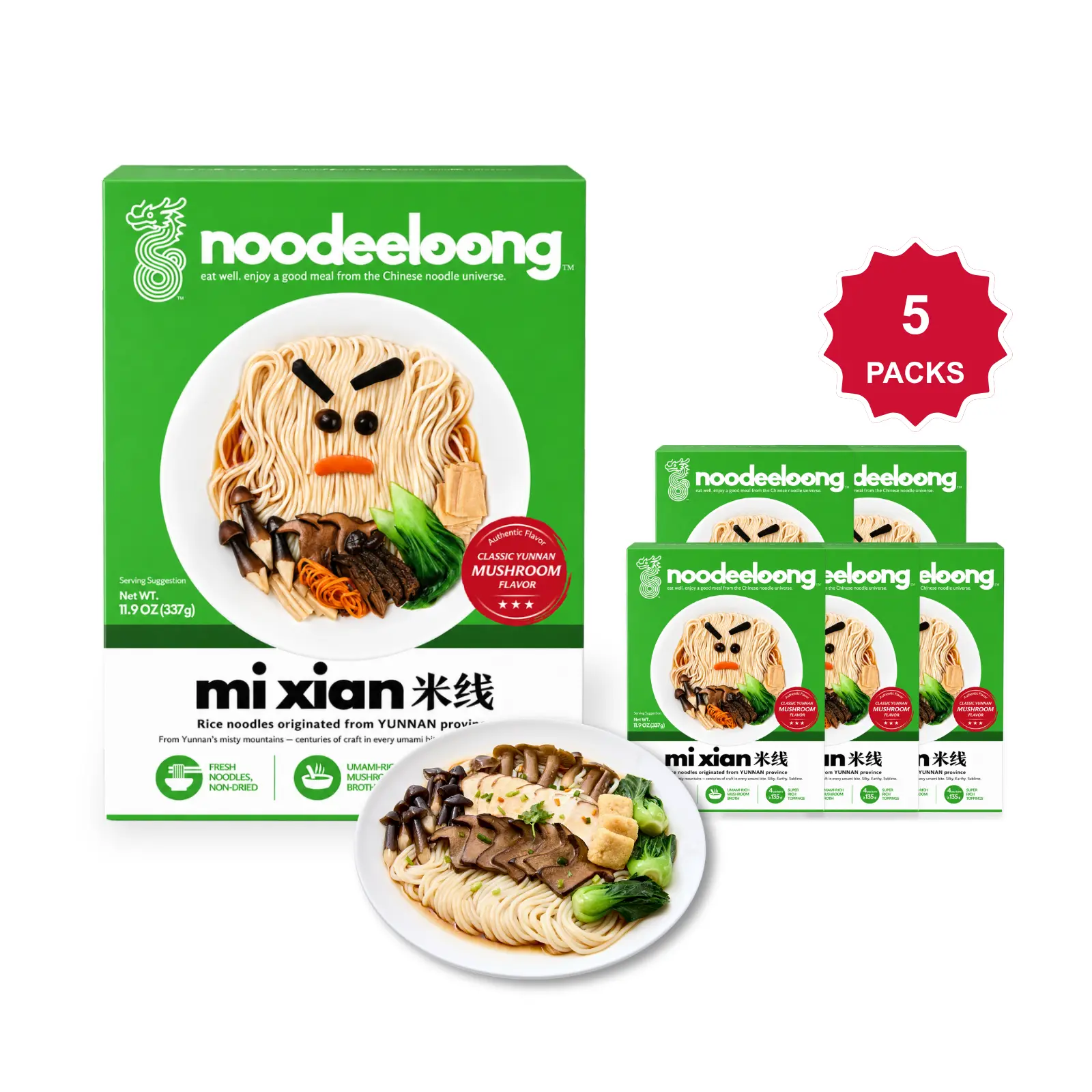 noodeeloong Umami Mushroom Rice Noodle Soup, Gourmet Asian Meal Kit, Whole-Cut Mushrooms, Tofu Puffs & Rich Broth, 14g Protein, Plant-Based Vegan, Ready in 4 Mins, 11.9 oz (Pack of 5)